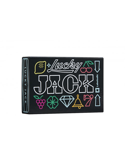 Facing de la boite de Lucky Jack, jeu de carte inspiré des machines à sous