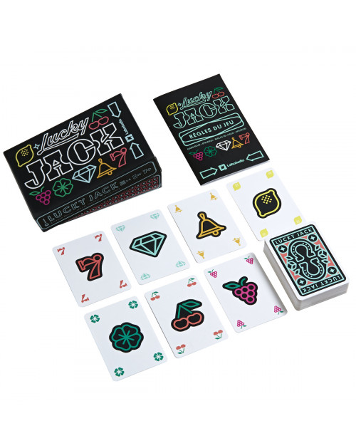 Présentation complète du jeu Lucky Jack : boite cloche, cartes, règle du jeu en 5 langues.
