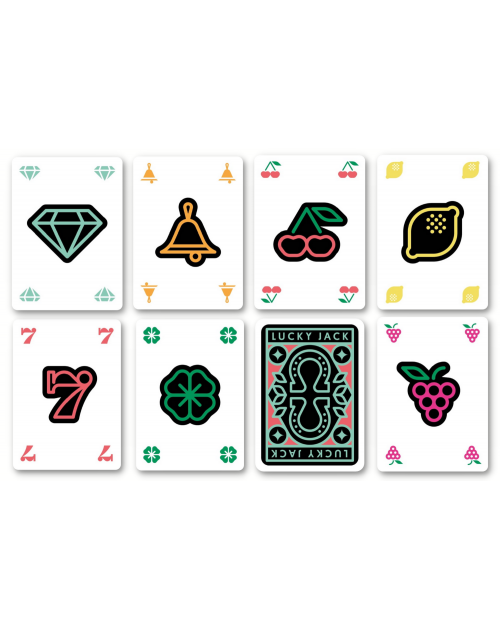 Les 7 cartes du jeu Lucky jack, jeu de carte inspiré des machines à sous.
